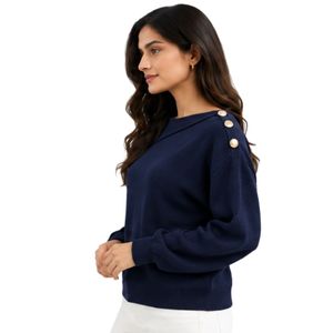 Suéter de Punto Azul Marino para Mujer, con Botones Dorados en los Hombros, Manga Larga, Cuello Redondo, Informal, para Invierno, Moda - Product Image 2
