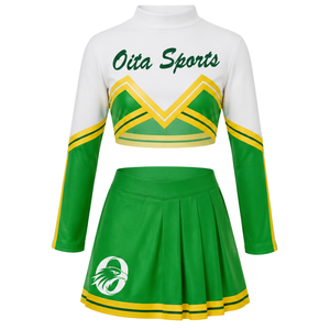 Green White Sublimated Cheer <b>Long</b> Sleeve Uniform Set <b>Pleated</b> <b>Skirt</b> Team Sportswear Athletic Training Practice Performance Custom - Product Image 2