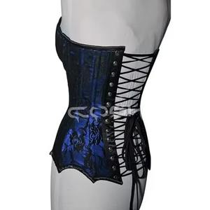 Corsé de satén azul de alta calidad para mujer, con copas redondeadas y encaje floral negro superpuesto. - Product Image 4