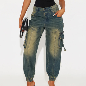 Jean cargo Y2K pour femme, coupe jogger, délavé vintage, avec revers élastiques, multi-poches, style streetwear, baggy, utilitaire, mode coréenne - Product Image 5