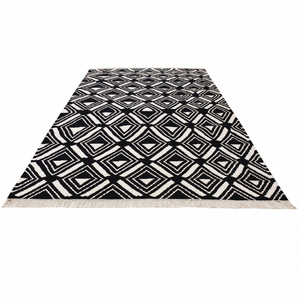 Alfombra de Lana Negra con Diseño Geométrico de Diamantes y Medallones Circulares Entrelazados, Antideslizante, Ecológica, con Flecos, para Sala de Estar - Product Image 1