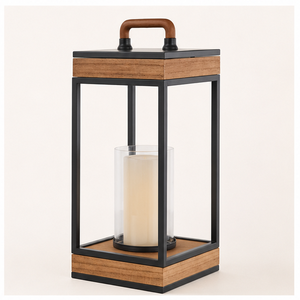 Modern Wood & Metal Candle <b>Lantern</b> <b>Large</b> Decorative Pillar Holder with Hurricane Glass for Tabletop Centerpiece & Outdoor Decor - Product Image 1