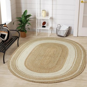 Tapis ovale tressé fait main en jute, rayé rouge et beige, style oriental, avec envers antidérapant en jute, écologique et réversible pour salon - Product Image 5