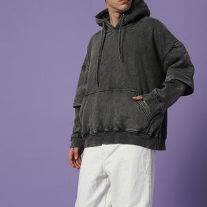 Sudaderas con capucha de doble capa para hombre, de peso pesado, con efecto lavado ácido y desgastado, estilo oversize - Product Image 1