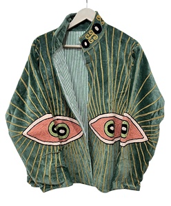 Green Velvet <b>Mandarin</b> <b>Collar</b> Cotton <b>Jacket</b> with Embroidered Eye Pattern Full Sleeve Autumn Winter Fashion Coat - Product Image 2