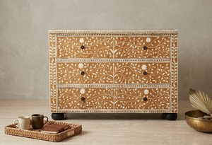 Modern Floral Mango Wood Solid Wood <b>Sideboard</b> Cabinet 3 Drawer Storage Dresser Floor Standing Organizer <b>for</b> Living Room <b>Kitchen</b> - Product Image 2