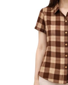 Custom Brown And Beige Plaid Womens Short Sleeve Button Up Shirt Casual Summer Lightweight Breathable Checkered <b>Top</b> With Pocket - Product Image 4