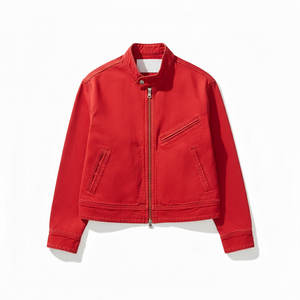 Veste en jean zippée pour homme, couleur rouge unie, style décontracté streetwear, effet délavé et usé, 2026 - Product Image 1