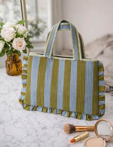 Style De Maison <b>Corduroy</b> Striped Block Printed Zipper Closure Vintage Style Shopping Tote <b>Bag</b> Tassels for Women All Seasons - Product Image 3
