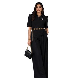 Ensemble haut décontracté à manches courtes et col en V noir uni et pantalon palazzo à jambes larges - Product Image 5