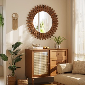 Luxury <b>Round</b> Wood Sunburst <b>Wall</b> <b>Mirror</b> Bohemian Decorative Accent <b>Mirror</b> for Home Interior Design At Cheap Price - Product Image 1