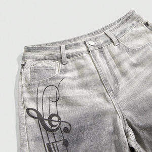 Shorts Vaqueros Grises Retro con Estampado de Notas Musicales, Corte Medio, Lavado Vintage, Casuales, de Moda, para Mujer, Estilo Urbano, Verano - Product Image 4