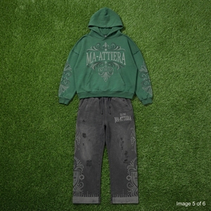 Custom <b>Green</b> Hoodie Black Distressed Jogger Set Rhinestone Embellished Cotton <b>Fleece</b> Streetwear Tracksuit OEM - Product Image 6
