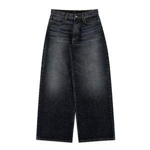 Jean décontracté ample en denim épais de qualité pour homme, coupe droite, noir, avec logo personnalisé, effet délavé simple - Product Image 1