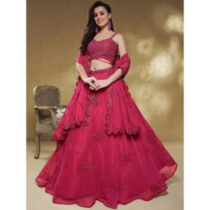 Precioso Lehenga Choli de Georgette Rosa Bordado, Semi-Confeccionado, para Recepciones, por Zeel Clothing - Product Image 1