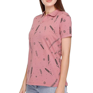 เสื้อโปโลผู้หญิงสีชมพูพิมพ์ลายแขนสั้นลำลองผ้าทอลายทั่วไปความยาวปกติ - Product Image 5