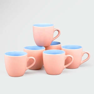 Ensemble de 6 tasses à thé en céramique brillantes bicolores de 400 ml, mugs en grès émaillé compatibles micro-ondes avec soucoupes, impression personnalisable - Product Image 1