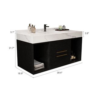 Mobile bagno sospeso da parete da 100 cm con 2 cassetti e 2 vani portaoggetti, lavabo in ceramica e mobiletto contenitore - Product Image 5