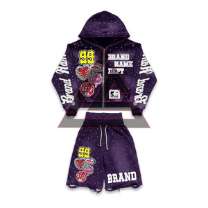 Custom Manufactured Heavyweight Short <b>Set</b> Baggy Double Waist Shorts Embroidery Dirty Washing Sweat Short and Hoodie <b>Set</b> for Men - Product Image 2