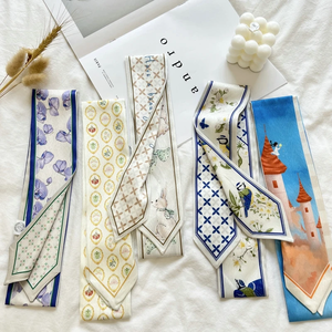 Foulard en satin de soie imprimé fleuri pour femme, ruban long et fin pour poignet, foulard de cou, bandeau pour cheveux, accessoires de mode - Product Image 4