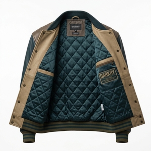 Chaqueta Varsity de Cuero Genuino Bicolor para Hombre, Diseño Topográfico con Líneas Grabadas, Acolchada, Unisex, Estilo Bomber, Ropa Urbana - Product Image 5