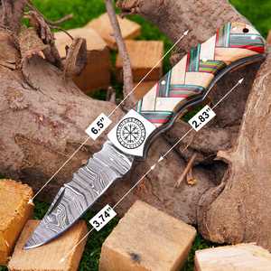 Navaja Plegable Artística con Punta Afilada, para Uso General y Bricolaje, de Acero de Damasco, con Mango Recto de Madera y Diseño Floral Grabado, con Soporte para el Pulgar - Product Image 6
