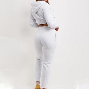 Women's <b>White</b> Hooded Cropped Zip-Up Sweatshirt And Full-Length <b>Jogger</b> Pants Tracksuit Set Casual Solid Color Autumn Wear - Product Image 3