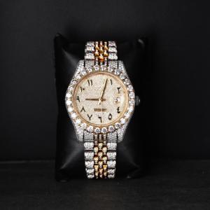 Reloj de Lujo con Esfera Árabe Completamente Adornada con Diamantes Moissanite, en Dos Tonos Amarillo y Blanco, Estilo Hip Hop, Brillante, de Acero Inoxidable para Hombre - Product Image 1