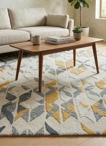 Tapis en laine tufté à la main ivoire très demandé, motif géométrique abstrait gris-moutarde, antidérapant, à poils moyens, avec envers en coton et silicone - Product Image 4