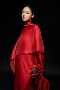 <b>Red</b> <b>Silk</b> Organza Woven Crew Neck Full Sleeve Loose Waist Minimalist Fancy Formal Cocktail Side Slit Summer Daily OEM Midi Dress - Product Image 2