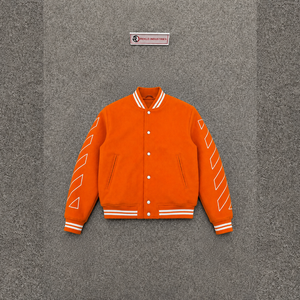 PREMIUM ORANGE VARSITY <b>JACKET</b> FOR <b>MEN</b> With <b>White</b> Geometric Pattern On Sleeves Turn-down Collar Casual Style STYLISH DAILY WEAR - Product Image 5