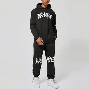 Ensemble de survêtement vintage noir à capuche pour homme avec logo gothique blanc imprimé, sweat-shirt et pantalon de jogging pleine longueur en nylon pour l'hiver - Product Image 1