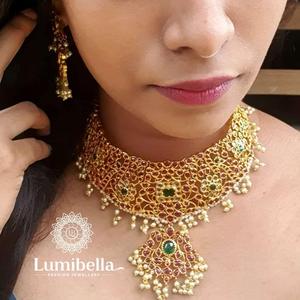 Kempu Women's Gold Plated Brass Choker Necklace and Earring Jewelry Set with Oxidized Polish for Party - Product Image 5
