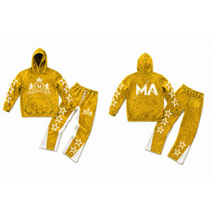 Ensemble de survêtement à capuche Golden Acid Wash avec étoiles blanches et pantalon long à cordon de serrage 350 g/m² 100 % coton Streetwear - Product Image 3