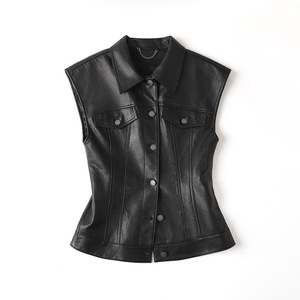 OEM Wholesale Ladies Genuine <b>Leather</b> Vest Shirt Collar Corset Fit Biker Vest <b>Sleeveless</b> <b>Leather</b> <b>Jacket</b> For Women's - Product Image 1