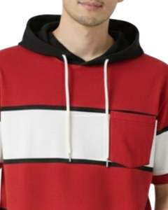 Camiseta con Capucha Personalizada para Hombre, a Rayas Rojas, Blancas y Negras, de Manga Corta, con Capucha en Contraste, Cordón y Bolsillo, Estilo Casual Urbano, Top de Verano - Product Image 4
