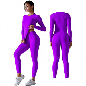 2 Piece Solid Black Long Sleeve Crew Neck <b>Crop</b> <b>Top</b> & High Waist Full Length Leggings Yoga Set - Product Image 3
