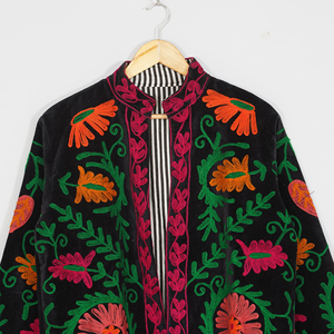 Women Velvet Embroidered <b>Jacket</b> Mandarin Collar Lantern Sleeve Floral Boho Style Autumn Coat Handmade Suzani <b>Pattern</b> - Product Image 4