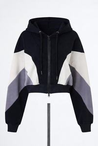 Women's <b>Cropped</b> Color Block <b>Zip</b> <b>Up</b> Hoodie Oversized Long Sleeve Fleece Hooded Sweatshirt Casual Streetwear Jacket - Product Image 2
