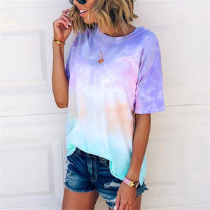 Camiseta de Verano para Mujer, Estilo Nuevo, Colores Arcoíris, Cuello Redondo, Estampado Degradado Tie-Dye, Holgada, Manga Corta - Product Image 6