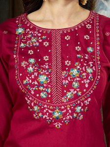 Conjunto Informal Tradicional Indio-Pakistaní para Mujer, Color Granate, de Seda Marina Bordada, Elástico, de Secado Rápido y Sin Arrugas - Product Image 6