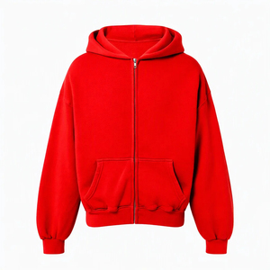 Sweat-shirt zippé à capuche oversize pour homme, rouge uni, en polaire, décontracté, avec poches, pour l'hiver, respirant, 100% coton, Speed One - Product Image 1