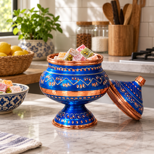 Urna Decorativa de Cobre Azul con Tapa y Patrón Tradicional Grabado, Base con Pedestal para Decoración de Hogar de Lujo, Venta al Por Mayor, Exportación B2B - Product Image 3