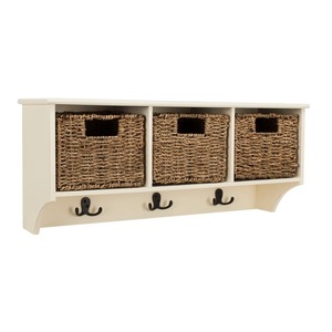 Étagère murale en bois avec 3 paniers tissés et crochets, style farmhouse, design gain de place - Product Image 1