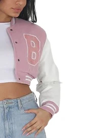 Veste universitaire courte personnalisée pour femme, style baseball, veste de lycéenne, veste bomber courte OEM ODM, manteaux pour femme - Product Image 4
