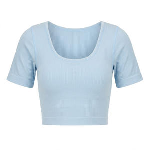 Camiseta Corta con Cuello Acanalado para Mujer, Ajuste Ceñido, Manga Corta, Transpirable, Spandex/Nylon, Sin Costuras, para Entrenamiento, Venta al por Mayor - Product Image 2