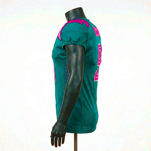 เสื้อฟุตบอลอเมริกันแบบกำหนดเองสำหรับผู้ชาย สีเขียวอมฟ้าชมพู หมายเลข 9 ผ้าตาข่ายระบายอากาศ คอวี แขนสั้น ทรงสปอร์ต ซับเหงื่อ - Product Image 6
