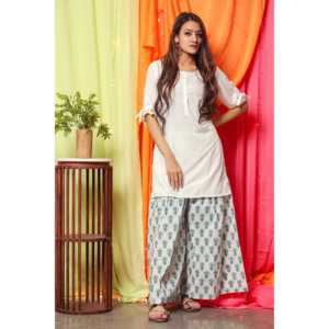 Ensemble Kurta pour femme en coton respirant et fibre de bambou, blanc perle, taille XS, avec haut à manches trois-quarts - Product Image 2