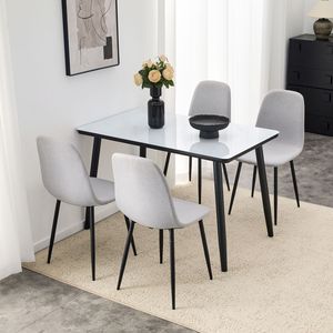 Tavolo da Pranzo Moderno Bianco con Texture Effetto Marmo, Piano in Vetro, Base Inferiore in MDF Nero, Gambe in Metallo Nero, Set Tavolo e Sedie per Ristoranti - Product Image 1