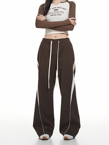 Pantalon de survêtement large pour femme, marron uni, avec bande latérale, cordon de serrage, coupe décontractée ample, longueur intégrale, en maille, style automne - Product Image 6